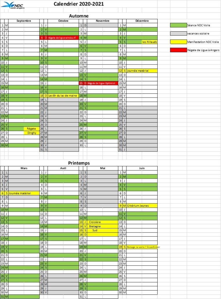 Calendriers Ndc Voile Angers
